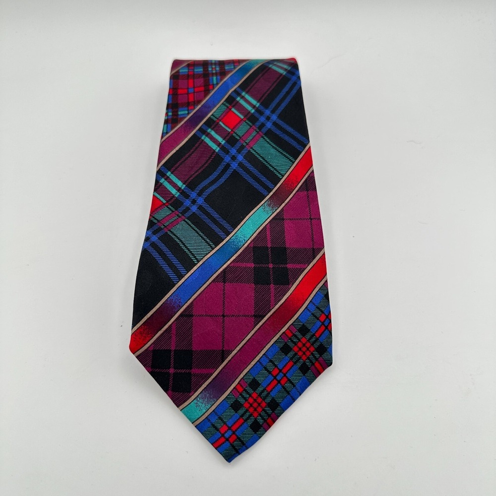 VTG Gianni Versace Necktie OS Purple Black Plaid Silk Academia Formal Italy